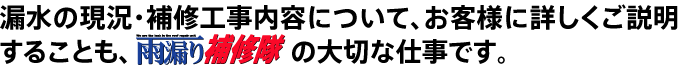 漏水の現況・補修工事内容について、お客様に詳しくご説明することも、雨漏り補修隊の大切な仕事です